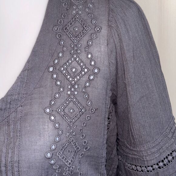 Lucky Brand gray eyelet button front w/tie boho peasant shirt top blouse S - Picture 6 of 14